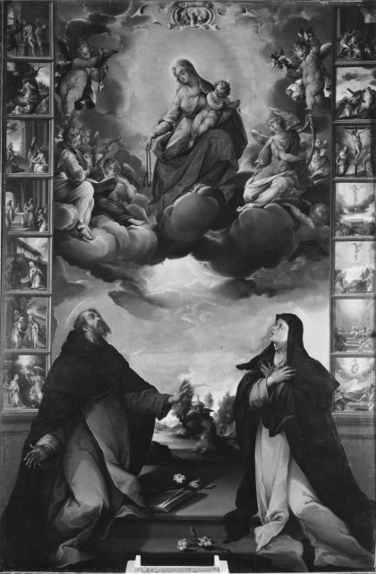 Anonimo — Carpinoni Domenico - sec. XVI/ XVII - Madonna del Rosario con san Domenico e una santa — insieme